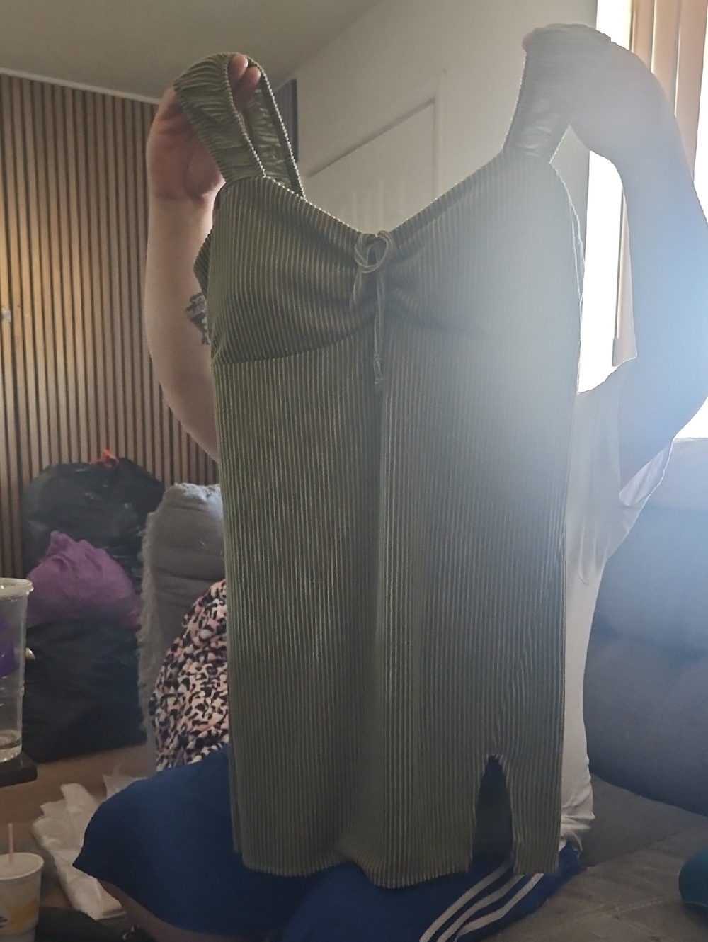 Brand New No Boundaries Olive Ribbed Mini Dress with Front Tie